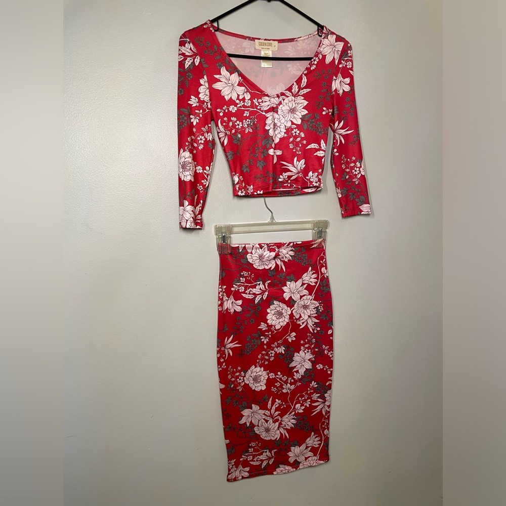 Red Floral Skirt and Blouse Set
